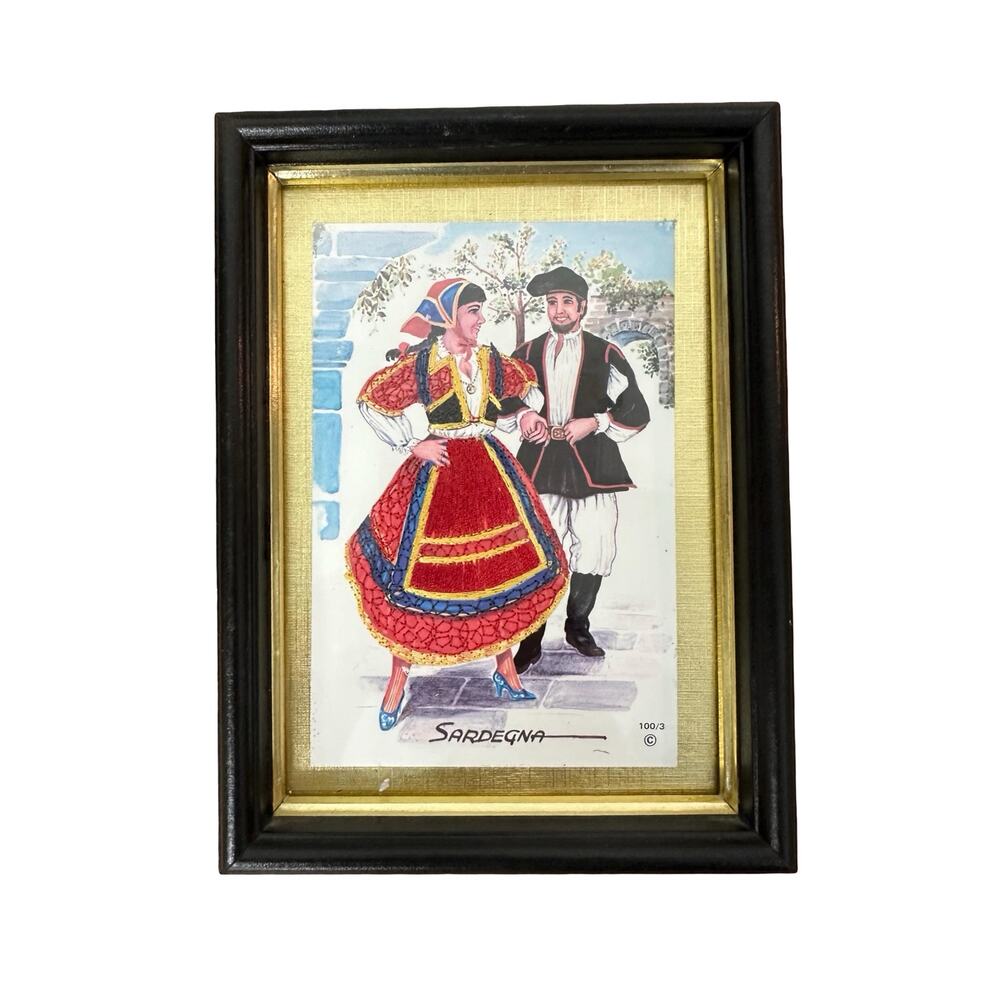 Vintage Sardegna Italy Folk Costume Embroidered Postcard Framed Textile Art